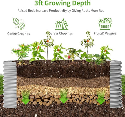 Land Guard 6x3x3ft Oval Galvanized Raised Garden Beds, Large-Capacity Metal Planter Box Outdoor, Durable Deep Raised Garden Bed 3ft Tall, Raised Beds for Gardening Vegetables, Classic Silver