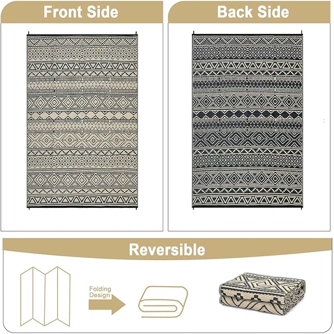 GAOMON Outdoor Rug for Patio Clearance 5x8 Reversible Plastic Straw Patio Rug for Camping Stain & UV Resistant RV Mats for Porch, Deck, Backyard, Camper, Balcony, Picnic, Black&Brown