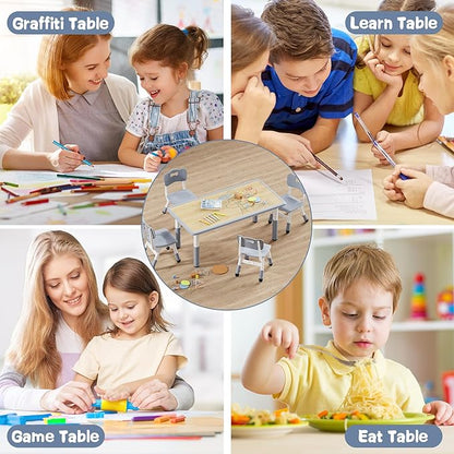 Brelley Kids Table and 4 Chairs Set, Height Adjustable Toddler Desk and Chair Set, Graffiti Desktop, Non-Slip Legs, Max 300lbs, Children Multi-Activity Table for Ages 2-8