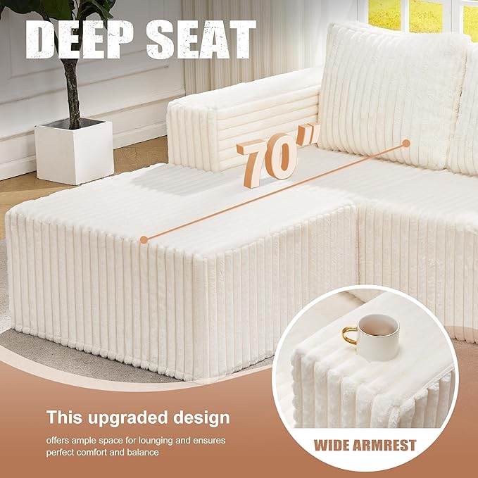 Hobestluk Modular Sectional Sofa Memory Foam Couch Sofa Bed Loveseat with Chaises Cloud Couch with Removable Cover Large Sectional Couches for Living Room (Strip White, Sofa Bed)