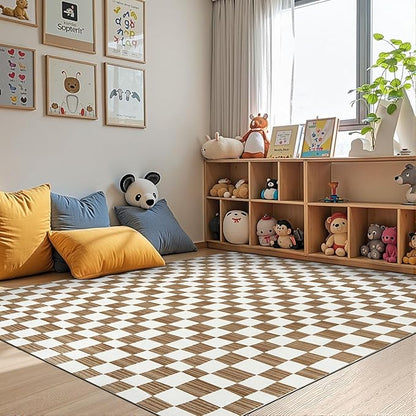 jinchan 4x6 Brown Checkered Area Rugs for Kids Room - Machine Washable Rug Modern Neutral Geometric Lattice Soft Non-Slip Carpet for Nursery Playroom Bedroom Entryway Living Room Home Office