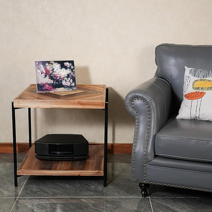 CONSDAN StoneCreek Solid Fir Wood Side Table - Metal Frame, 2-Tier End Table for Living Room/Bedroom/Office, 23" Square Night Stand, Accent Table