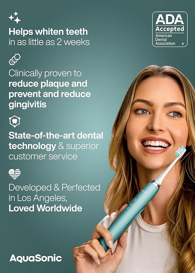 Aquasonic Vibe Series Ultra-Whitening Toothbrush – ADA Accepted Power Toothbrush - 8 Brush Heads & Travel Case – 40,000 VPM Motor & Wireless Charging - 4 Modes w Smart Timer – Mint Green Metallic