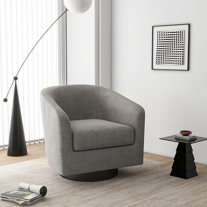 Swivel Barrel Accent Chair, Modern Round Linen Arm Chair for Living Room, Bedroom, Comfy Club Reading Chairs for Adults（Linen Fabric, Khaki, Set of 1