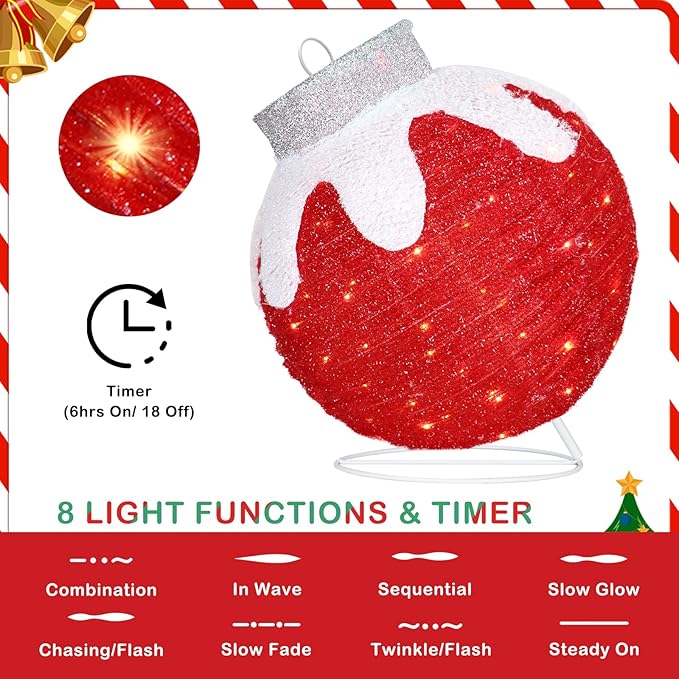 BRIGHTDECK 2 Pcs Outdoor Christmas Ornaments, Lighted Pop-Up Outdoor Holiday Ball Decoration with 80 LED Lights, 8 Light Modes, Lighted Collapsible Holiday Decorations for Yard, Home (RedGreen)