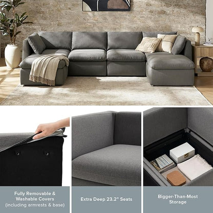 mopio Oversized Modular Sectional Sofa with Fully Removable Covers and Storage, Convertible U, L-Shaped and Sleeper Sectional, Modern Couches with Ottoman Chaise (Stone Gray Fabric, 5 Seats, U)