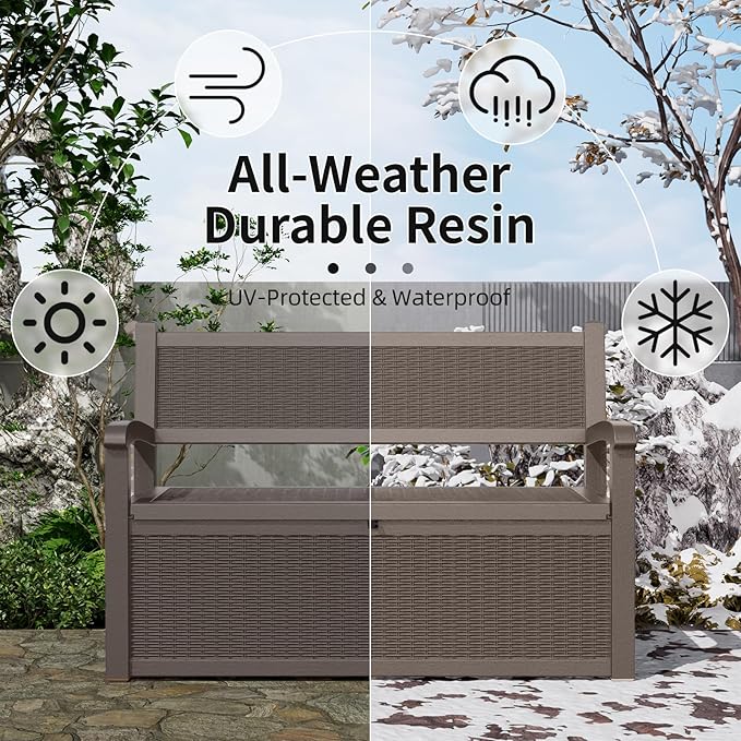 80 Gallon Storage Bench Deck Box Waterproof Lockable,Outdoor Storage Furniture for Patio,Garden and Cushions(Gray)