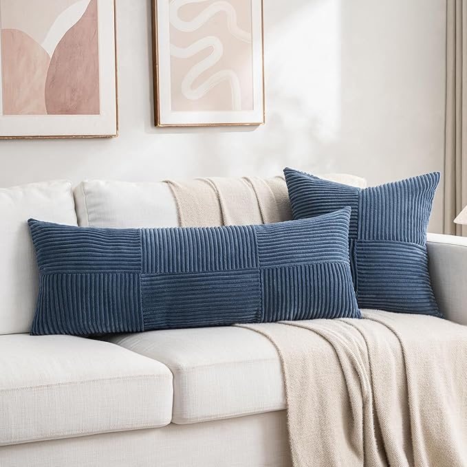 Fancy Homi 2 Packs Dusty Blue Decorative Throw Pillow Covers 22x22 Inch for Living Room Couch Bed Sofa, Farmhouse Boho Home Decor, Soft Corss Corduroy Patchwork Accent Square Cushion Case 55x55 cm