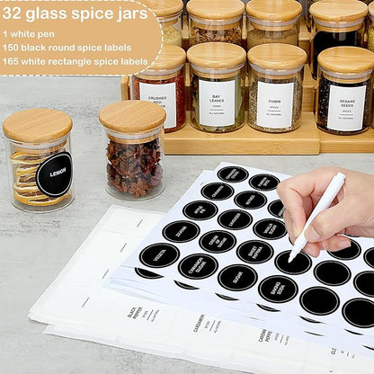 4OZ Glass Spice Jars with Bamboo Lids and 315 Labels, 32 Pcs Clear Food Storage Containers for Kitchen Sugar Salt Coffee Tea Beans