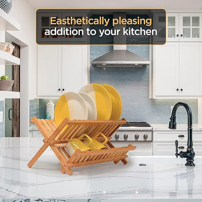BAMBUSI Dish Drying Rack - Collapsible 2-Tier Bamboo Dish Rack for Kitchen Counter, Wooden Dish Drainer with Foldable Space-Saving Design - Drying Rack for Dishes, Plates, and Cups - Housewarming Gift