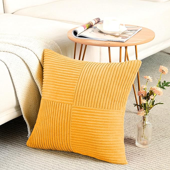 Fancy Homi 2 Packs Gold Yellow Big Decorative Throw Pillow Covers 24x24 Inch for Couch Bed Sofa, Rustic Farmhouse Boho Home Decor, Soft Corss Corduroy Patchwork Accent Square Cushion Case 60x60 cm