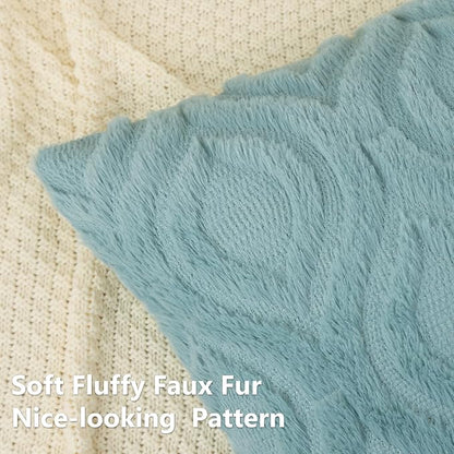 decorUhome Fall Throw Pillow Covers 20x20 Inch Set of 2, Soft Plush Decorative Faux Fur Aqua Solid Couch Pillow Covers, Accent Farmhouse Neutral Square Euro Pillow Cases for Sofa Bed Living Room