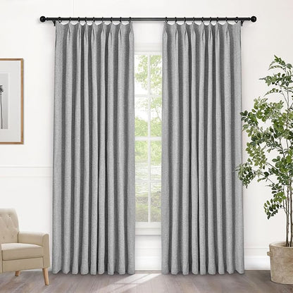 Macochico Pinch Pleated Blackout Curtains 102 Inches Long 100% Blackout Natural Linen Drapes for Bedroom Living Room Windows Farmhouse Burlap Curtains with Tieback 52”Wx102”L Light Grey 1 Panel