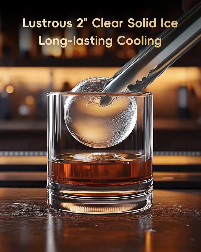 ecozy 2" Clear Ice Ball Maker with CrystalFlux Technology, 4 pcs in 40 Mins, 144 pcs/Day, Sphere Ice Maker with Enhanced Insulation, Automatic Water Supply, Self-Cleaning for Whiskey & Bourbon