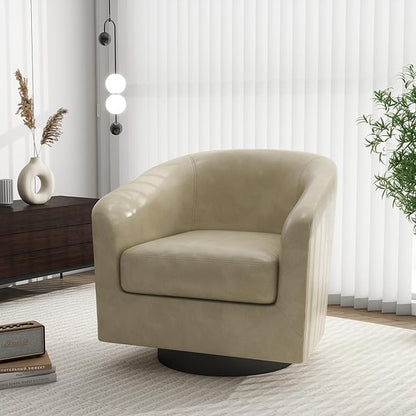 Swivel Barrel Accent Chair, Modern Round Faux Leather Arm Chair for Living Room, Bedroom, Comfy Club Reading Chairs for Adults(Faux Leather, Cream, Set of 2)