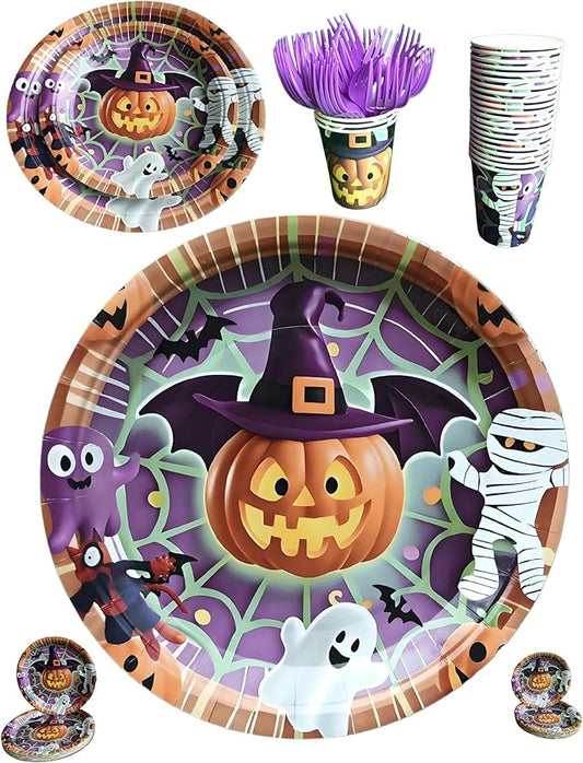Halloween Paper Plates,Cups,Forks(96Pcs)-Disposable Party Plates Heavy Duty,Party Supplies Tableware Set|Paper Plates 9 inch & 7 inch,Spooky Decor(Flying Pumpkin,Ghost,Zombie,Bat) for Kids Halloween