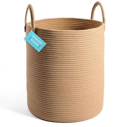 OrganiHaus Large Woven Baskets for Storage 15x18, Cotton Rope Baskets for Storage, Tall Blanket Basket for Living Room, Nursery Laundry Basket, Big Basket for Toys, Basket for Blankets, Honey