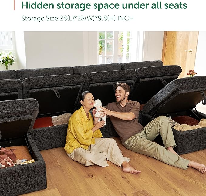 HONBAY Modular Sectional Couch with Storage Seats, L Shaped Sectional Sofa with Storage, Chenille Sectional Couches for Living Room, Grey