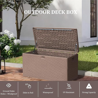 Premium Pro Edition 73 Gallon Lockable Resin Deck Box, Waterproof & UV-Resistant Outdoor Storage Box for Outdoor Cushion Storage, Garden Tools & Pool Accessories Storage, Brown