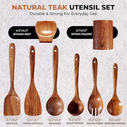 Wooden Spoons for Cooking, Kitchen Utensils Set, Wood Spatulas Soup Ladle Serving Spoons Teak Wooden Utensil Set（8 Pieces ）