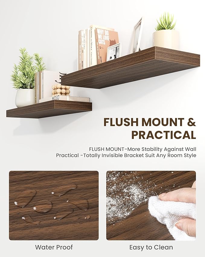 Marsmiles 31.5" Floating Shelves for Wall, Wooden Shelves with Invisible Brackets Set of 2, Rustic Farmhouse Wall Mounted Shelf for Kitchen Bathroom Living Room Study, Walnut