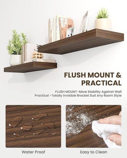 Marsmiles 55" Floating Shelves for Wall, Wooden Shelves with Invisible Brackets Set of 2, Rustic Farmhouse Wall Mounted Shelf for Kitchen Bathroom Living Room Study, Walnut
