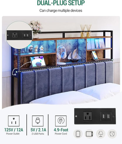 Headboard with 3-Tier Storage Shelves, Velvet Upholstered Head Board with 2 Outlets, USB Ports & LED Light, Soft Backrest for Queen Size Bed, Rustic Brown and Black BH15201BV1