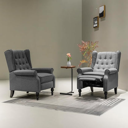 Mid Century Wingback Recliner Chair for Adults, Modern Linen Fabric Push Back Recliner Chairs with Button Tufted Upholstered Back & Footrest, Manual Recliner Chais for Living Room, Nursery, Gray