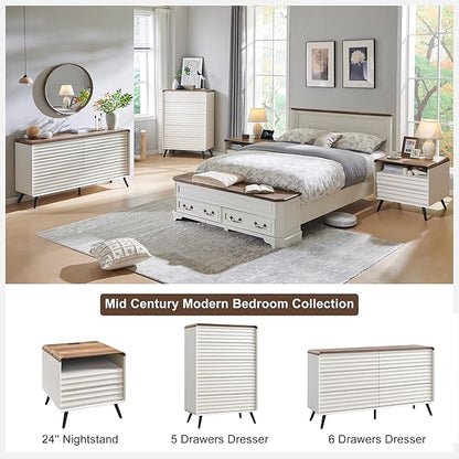 RedLemon 24" Nightstand Set of 2 with Charger Station, Mid Century Modern Fluted End Table with 2 Drawers，Wooden Side Table with Open Cubby Storage for Living Room, Bedroom, Office (Antuique White)