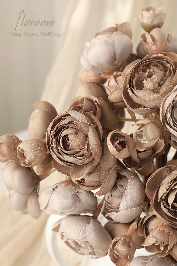Floroom Ranunculus Artificial Flowers 18 Pcs Taupe Brown Faux Silk Mini Ranunculus Bulk Fake Wedding Filler Flowers for DIY Bouquets, Centerpieces, Bridal Shower Decorations & Arrangements
