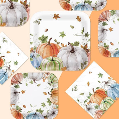 Grencian 200Pcs Fall Plates and Napkins Square Autumn Pumpkin Plates Thanksgiving Paper Platter Tableware Sets for Thanksgiving Harvest Party Decorations, Serves 50