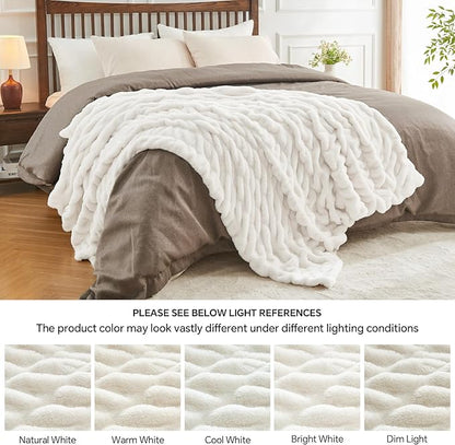 BEDELITE Faux Fur Throw Blanket for Couch, Soft and Cozy Boho Ruched Fluffy Blanket, Warm Plush Fuzzy Faux Rabbit Fur Blanket for Women Gift (Cream, 60"x 80")