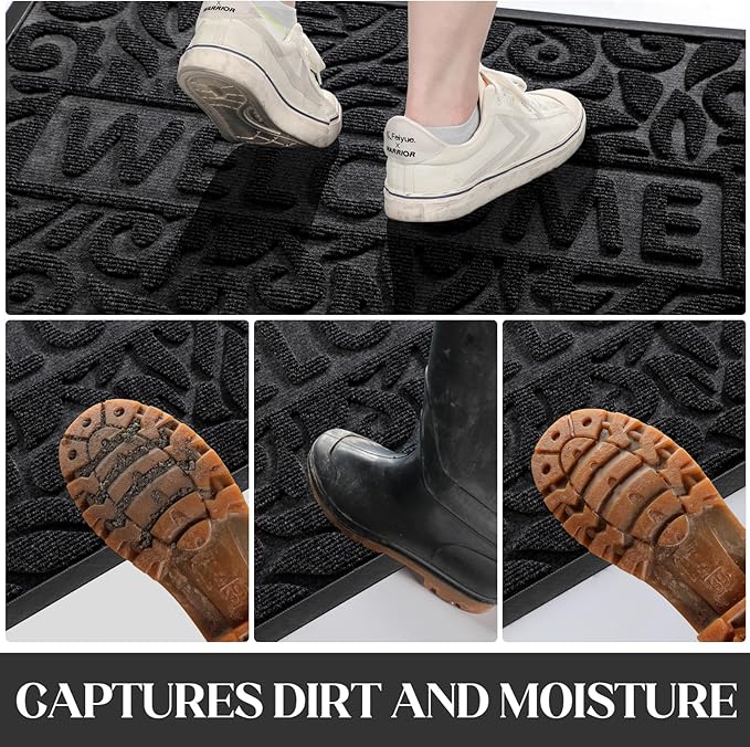 Yimobra Welcome Front Door Mat Outdoor, Heavy Duty Sturdy Non Slip Doormats, Rubber Backing, Low-Profile Entrance Rugs, Absorbent Resist Dirt, Easy Clean Patio Garage Floor Mats, 47X24 Inch, Black
