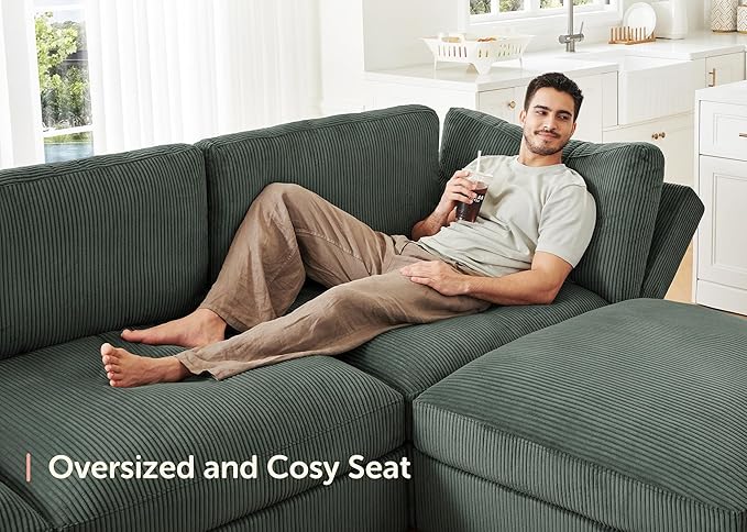 HONBAY Modular Sectional Couches with Storage Corduroy Sleeper Sofa Modular Sectional Couches for Living Room,Green
