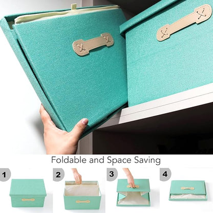 Enzk&Unity Decorative Storage Bins with Lids, Fabric Linen Foldable Storage Box with Handle Home Organizer for Shelf, Closet, Bedroom, Living Room, Office, 3 Packs, Teal