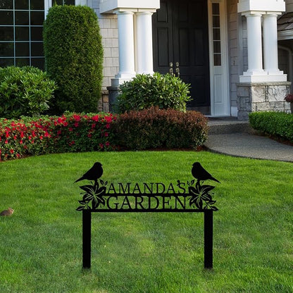 Personalized Metal Garden Name Sign with Flowers and Birds, Custom Yard Sign with Stake