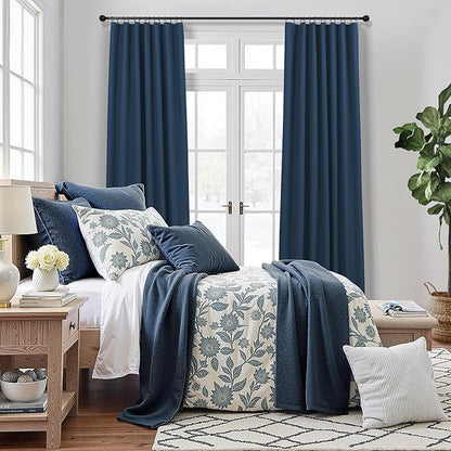 Navy Blue Curtains 90 Inches Long for Living Room Blackout 52 Inch Wide Curtains for Bedroom Window Floor Length Soft Fabric Polyester Linen Blend Noise Reduction Soundproof Nautical Curtain Dark Blue