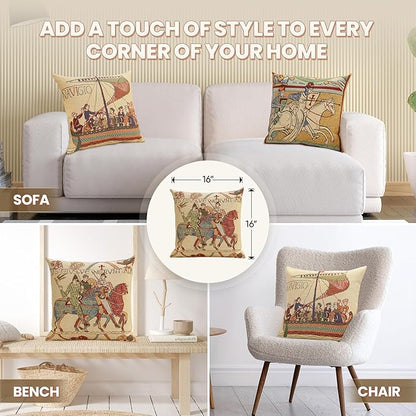 Charlotte Home Furnishings Bayeux Mont St. Michel Throw Pillow Cover 16" x 16" – Medieval Tapestry Cushion Case for Sofa, Couch, & Bed | Cotton Jacquard Woven in Europe | Insert Not Included