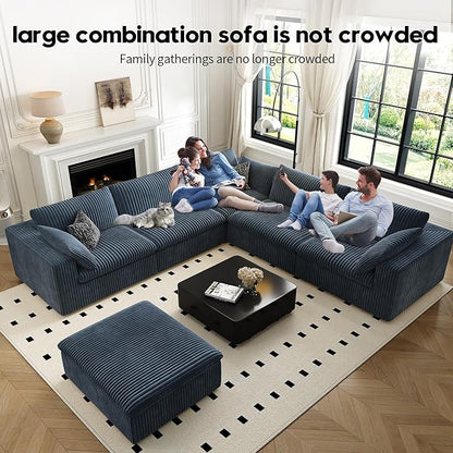 118" Cloud Couch Oversized Modular Sectional Sofa for Living Room,Modern Sofa with Deep Seat，6 Seater Boneless Couch,Comfy Upholstered Corduroy Couches for Apartment, Studio, Office,Bedroom，Blue