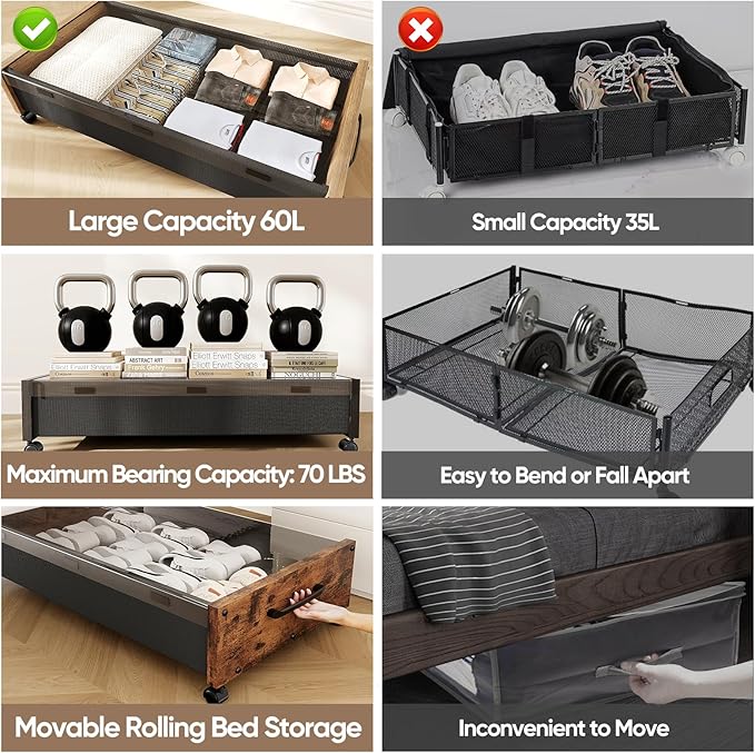 Wooden Under Bed Storage with Wheels, Rolling Under the Bed Storage Bins with Removable Lid, Metal Under Bed Drawers for Clothes and Shoes in Bedroom or Living Room(Walnut Brown-1pack)