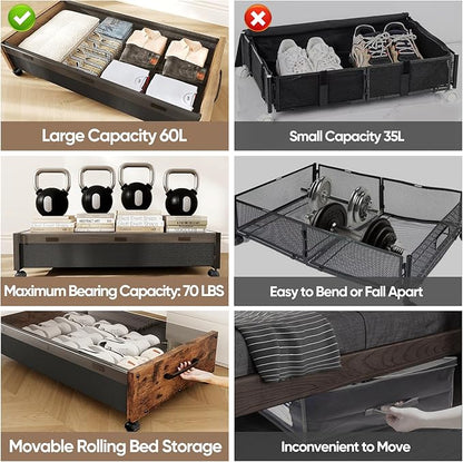 Wooden Under Bed Storage with Wheels, Rolling Under the Bed Storage Bins with Removable Lid, Metal Under Bed Drawers for Clothes and Shoes in Bedroom or Living Room(Walnut Brown-1pack)