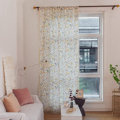 Sutuo Home Boho Curtain Semi-Blackout Yellow Florals Print Cotton Linen Fabric, Handmade Tassels Rod Pocket Bohemian Farmhouse Country Window Drapes for Living Bedroom, 59" W x 84" L, 1 Panel