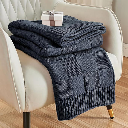 CozeCube Check Knit Throw Blanket, Midnight Navy Checkered Throw for Couch, Decorative Christmas Soft Cozy Warm Knitted Blanket for Bed Sofa Living Room, 60"X80"