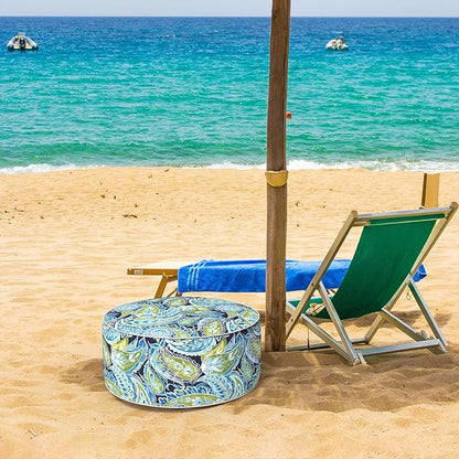 Inflatable Ottoman Stool D21 xH9 for Outdoor/Indoor Use, Water Repellent Patio Foot Rest with Portable Handle,Round Pouf Ottoman Suitable for Garden,Deck and Camping - Paisley Lapis Green