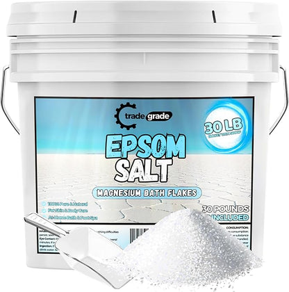 Epsom Salt Bath Soak 30 lb Bucket – Unscented, Pure Epsom Salt Bulk Crystals, Magnesium Sulfate for Full Body or Foot Soaks, Resealable Container with Scoop for Home Bath Use