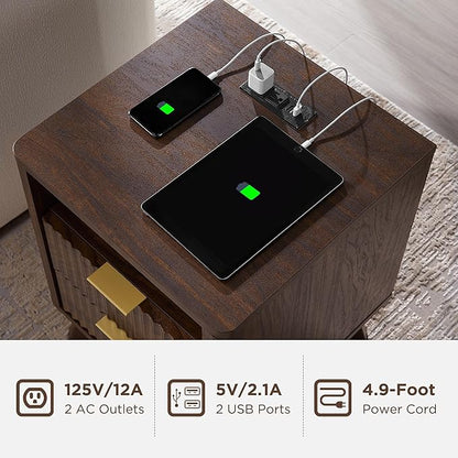 T4TREAM Fluted Nightstand Set of 2 with Charging Station, 18" Modern Side Table, 2 Drawers End Table with Storage, Bedside for Bedroom, Living Room, Curved Profile Design, Dark Walnut