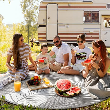GENIMO Outdoor Rug 8' Round Waterproof for Patios Clearance, Reversible Outdoor Plastic Straw Camping Rug Carpet, Large Area Rugs Mats for RV, Camper, Deck, Balcony, Porch, Beach, Picnic, Grey&White