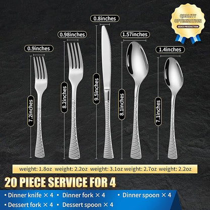 Hammered Silverware Set,20 Piece Modern Flatware Set Service for 4,Mirror Polished Stainless Steel Cutlery Set Utensil Set Tableware Set,Kitchen Knives Forks Spoons Set,Dishwasher Safe