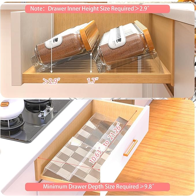 4-Tier Non-Slip Spice Drawer Organizer, 4-Pack Checkered Frosted Clear Acrylic, Expandable (11''-22'') Spice Rack for Kitchen Drawer Storage – Holds Seasonings, Herbs, and Spices (Jars Not Included)