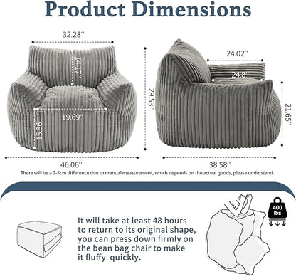 Giant Plush Bean Bag Chair for Adults with Armrests - Oversized Comfy Light Grey Beanbag Lounge Lazy Floor Sofa Accent Chair for Living Room, Bedroom & Dorm, Cozy Fluffy Single Cloud Mini Couch
